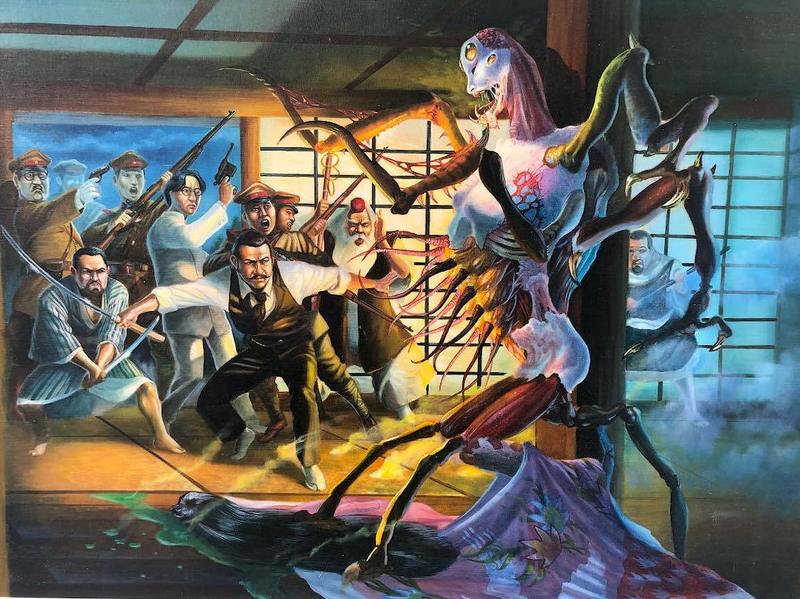 A many-legged creature and a group of people prepare for battle.